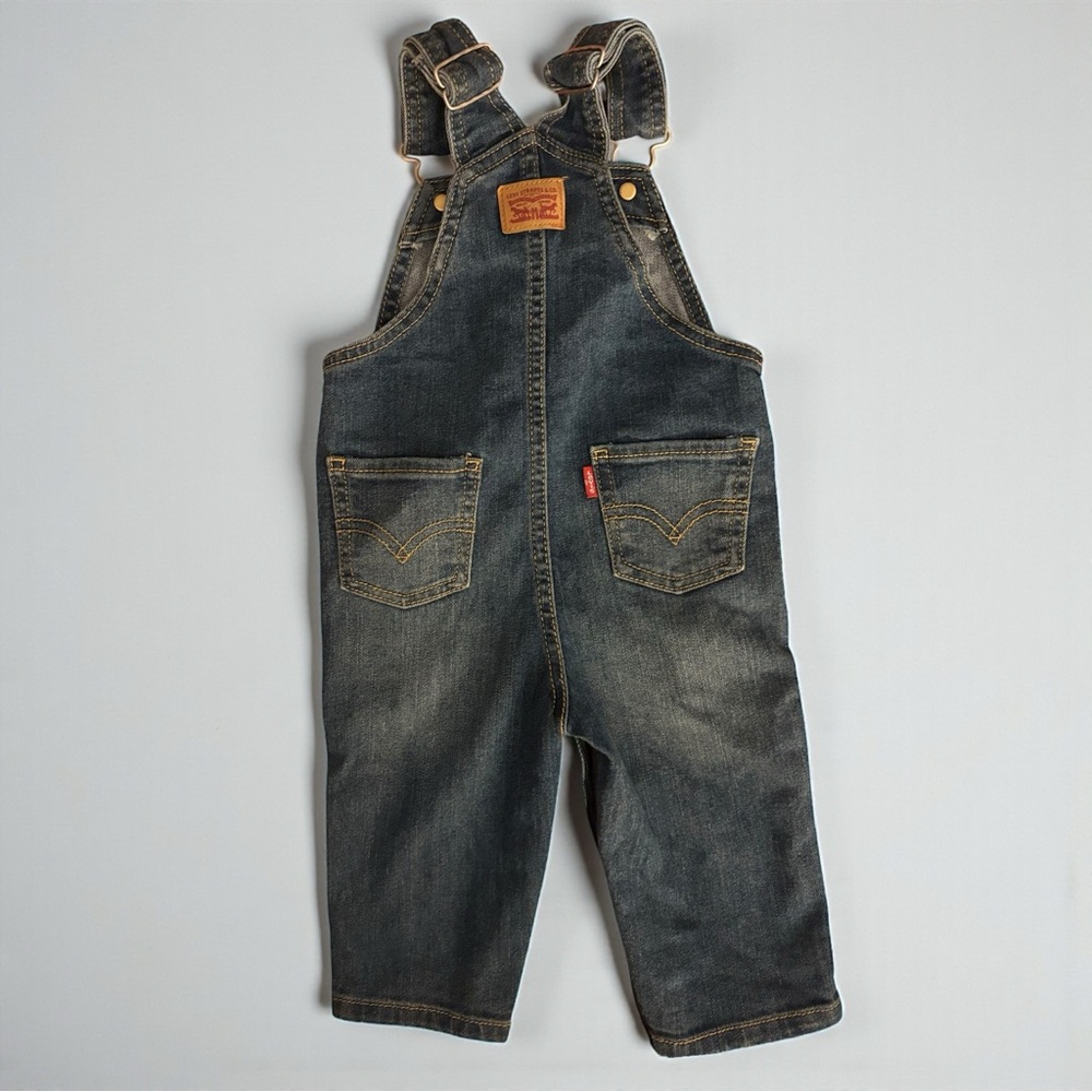 🚨3 for $15 LEVI's Baby Denim Overalls Size 9M Red Stripe Adjustable Straps Blue - Picture 2 of 6